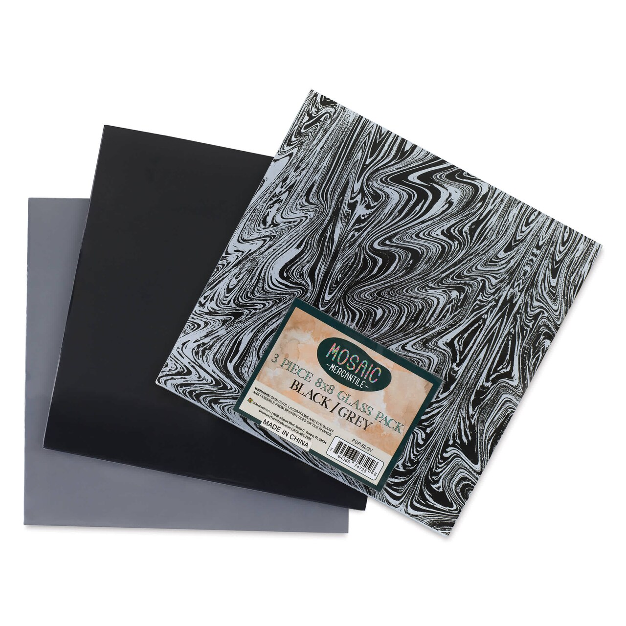 Mosaic Mercantile Opalescent Glass Pack - Black and Grey, 8" x 8", Pkg of 3